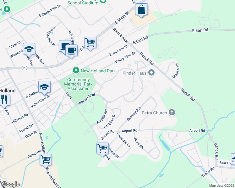 map of restaurants, bars, coffee shops, grocery stores, and more near Weaver Boulevard in New Holland