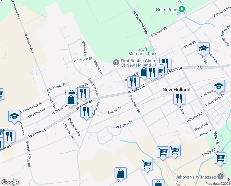 map of restaurants, bars, coffee shops, grocery stores, and more near 234 West Main Street in New Holland