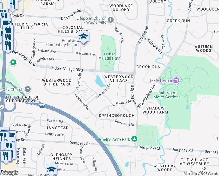 map of restaurants, bars, coffee shops, grocery stores, and more near 860 Tradewind Drive in Westerville
