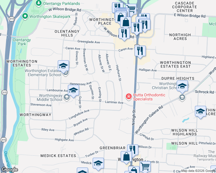 map of restaurants, bars, coffee shops, grocery stores, and more near 6686 Evening Street in Worthington