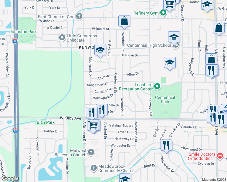 map of restaurants, bars, coffee shops, grocery stores, and more near 2706 Willowpark Drive in Champaign