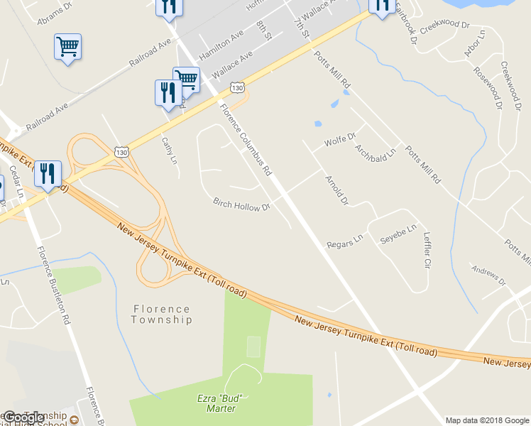map of restaurants, bars, coffee shops, grocery stores, and more near 4 Birch Hollow Drive in Bordentown