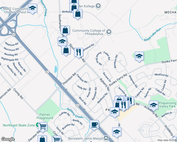 map of restaurants, bars, coffee shops, grocery stores, and more near 3101 Morning Glory Road in Philadelphia
