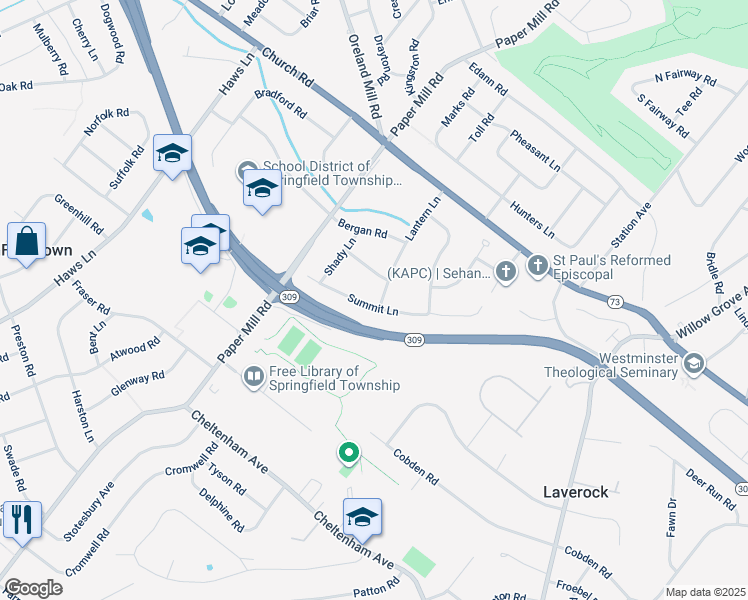 map of restaurants, bars, coffee shops, grocery stores, and more near 1901 Lantern Lane in Oreland