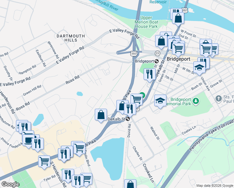 map of restaurants, bars, coffee shops, grocery stores, and more near 135 Boro Line Road in King of Prussia