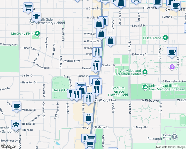 map of restaurants, bars, coffee shops, grocery stores, and more near 104 Buena Vista Drive in Champaign