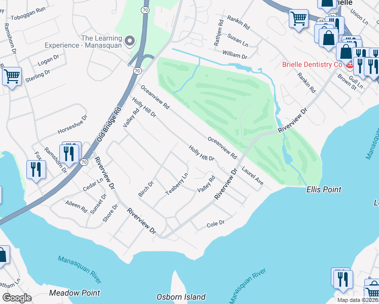 map of restaurants, bars, coffee shops, grocery stores, and more near 904 Teaberry Lane in Brielle