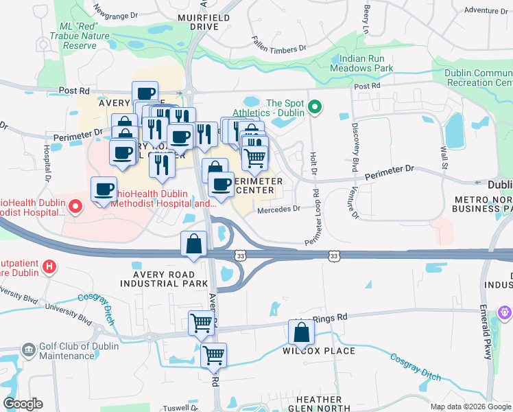 map of restaurants, bars, coffee shops, grocery stores, and more near 6500 Perimeter Loop Road in Dublin
