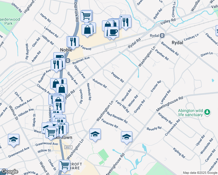 map of restaurants, bars, coffee shops, grocery stores, and more near 1435 Autumn Road in Jenkintown