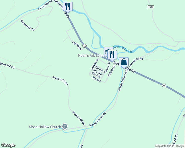 map of restaurants, bars, coffee shops, grocery stores, and more near Hillside Drive in Bedford County