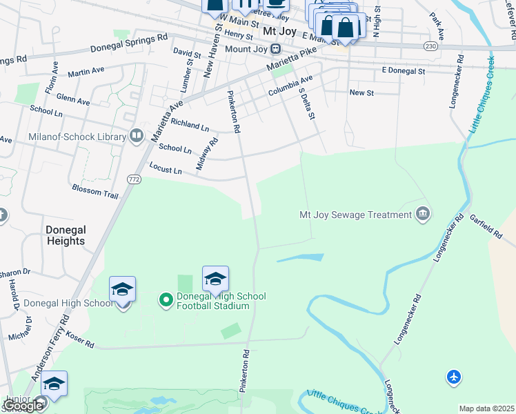 map of restaurants, bars, coffee shops, grocery stores, and more near 346 Pinkerton Road in Mount Joy