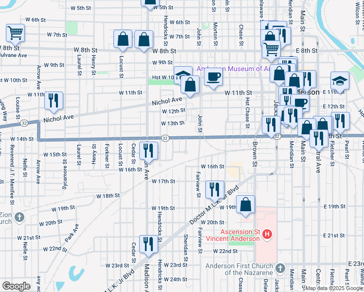map of restaurants, bars, coffee shops, grocery stores, and more near 715 West 15th Street in Anderson