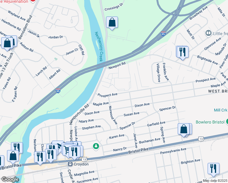 map of restaurants, bars, coffee shops, grocery stores, and more near 1310 Prospect Avenue in Croydon