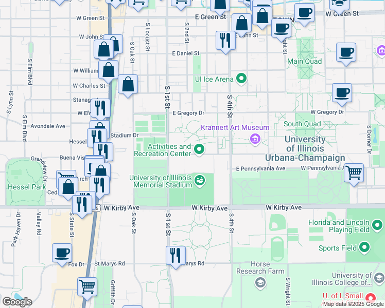 map of restaurants, bars, coffee shops, grocery stores, and more near 202 East Peabody Drive in Champaign