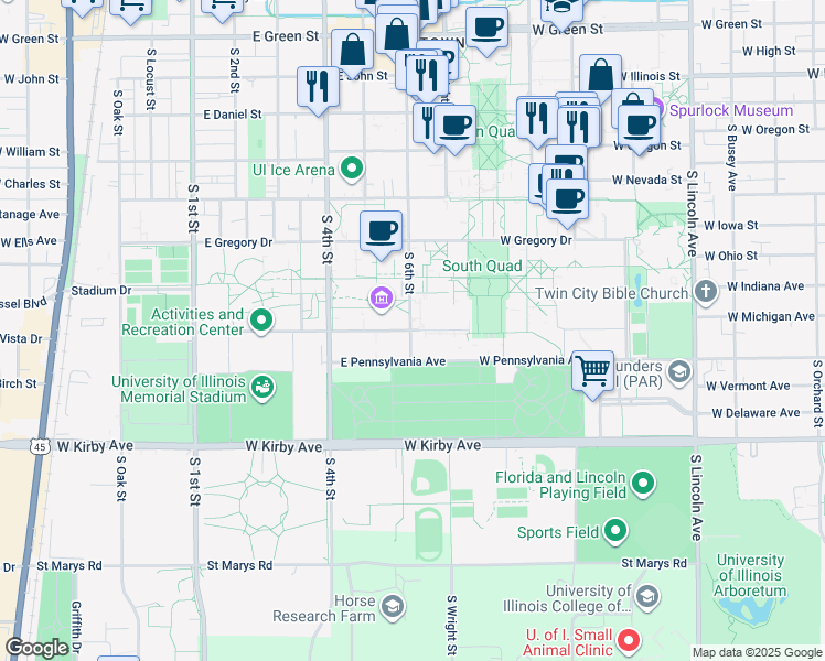 map of restaurants, bars, coffee shops, grocery stores, and more near 1409 West Green Street in Urbana