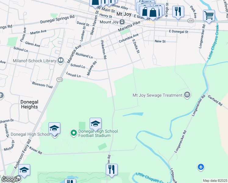 map of restaurants, bars, coffee shops, grocery stores, and more near 346 Pinkerton Road in Mount Joy