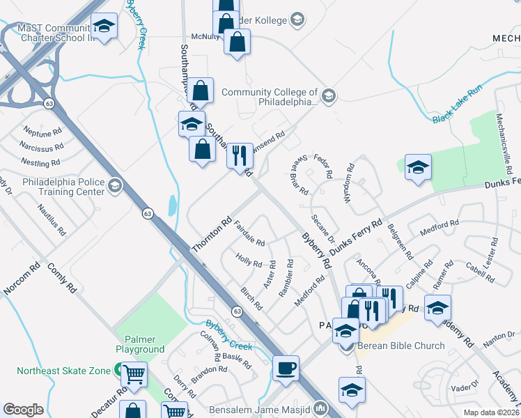 map of restaurants, bars, coffee shops, grocery stores, and more near 3112 Morning Glory Road in Philadelphia