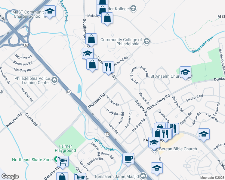 map of restaurants, bars, coffee shops, grocery stores, and more near 12201 Thornton Road in Philadelphia