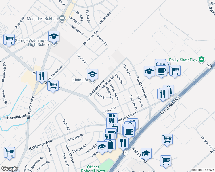 map of restaurants, bars, coffee shops, grocery stores, and more near 1860 Greymont Street in Philadelphia