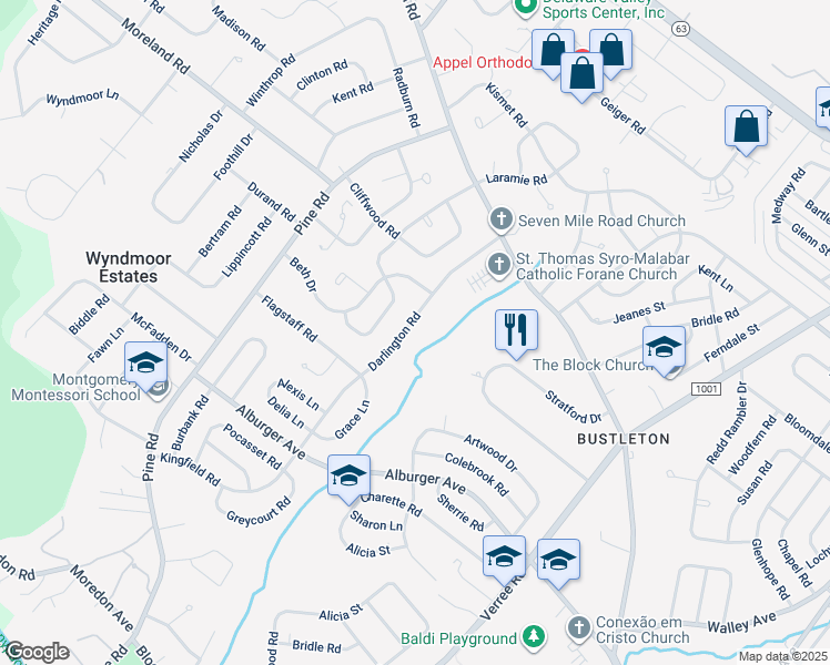 map of restaurants, bars, coffee shops, grocery stores, and more near 9257 Darlington Road in Philadelphia