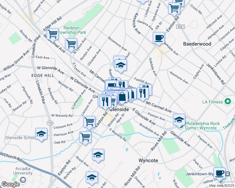 map of restaurants, bars, coffee shops, grocery stores, and more near 117 South Easton Road in Glenside