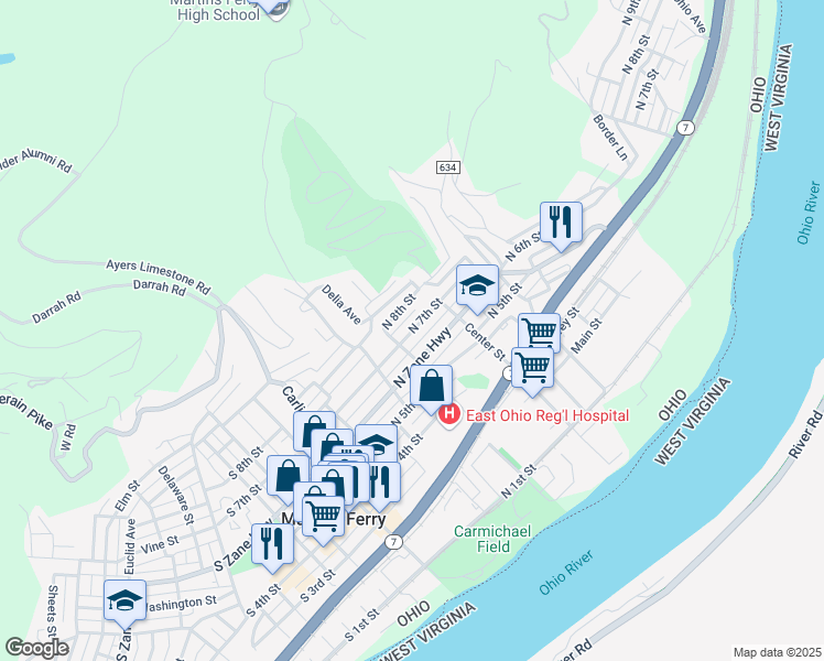map of restaurants, bars, coffee shops, grocery stores, and more near 415 Zane Highway in Martins Ferry