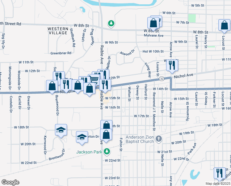 map of restaurants, bars, coffee shops, grocery stores, and more near 2302 West 15th Street in Anderson