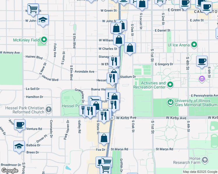 map of restaurants, bars, coffee shops, grocery stores, and more near 107 Buena Vista Drive in Champaign