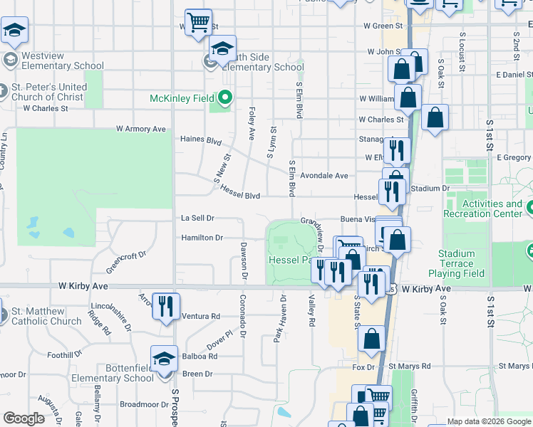 map of restaurants, bars, coffee shops, grocery stores, and more near 1405 Grandview Dr in Champaign
