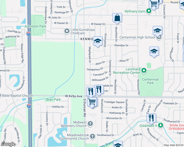 map of restaurants, bars, coffee shops, grocery stores, and more near 1313 Maplepark Drive in Champaign