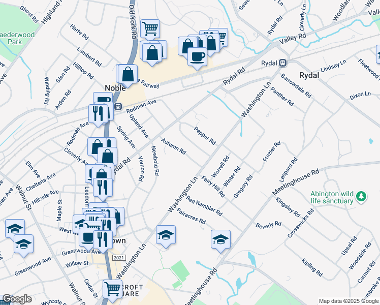 map of restaurants, bars, coffee shops, grocery stores, and more near 1435 Autumn Road in Jenkintown