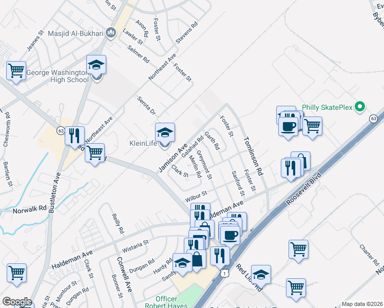 map of restaurants, bars, coffee shops, grocery stores, and more near 1860 Greymont Street in Philadelphia