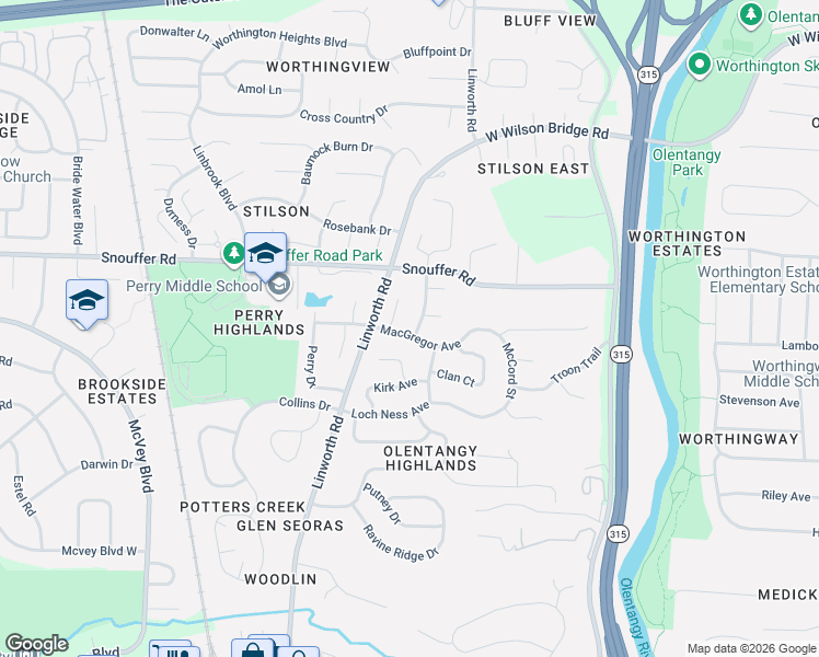 map of restaurants, bars, coffee shops, grocery stores, and more near 1029 MacGregor Avenue in Worthington