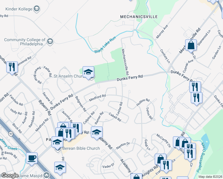 map of restaurants, bars, coffee shops, grocery stores, and more near 12735 Minden Road in Philadelphia