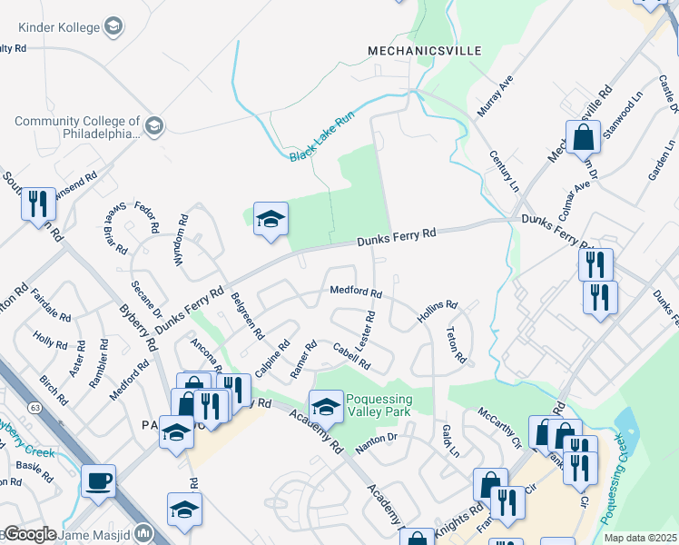 map of restaurants, bars, coffee shops, grocery stores, and more near 12705 Minden Road in Philadelphia