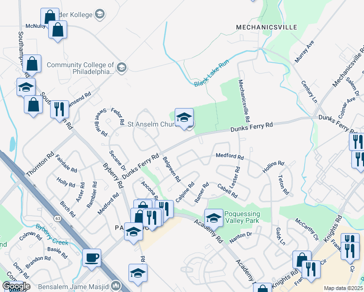 map of restaurants, bars, coffee shops, grocery stores, and more near 12641 Dunks Ferry Road in Philadelphia