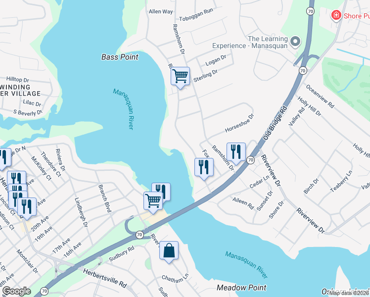 map of restaurants, bars, coffee shops, grocery stores, and more near 2643 River Road in Manasquan
