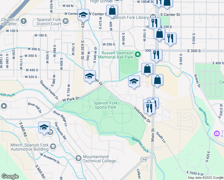map of restaurants, bars, coffee shops, grocery stores, and more near 375 West Park View Lane in Spanish Fork