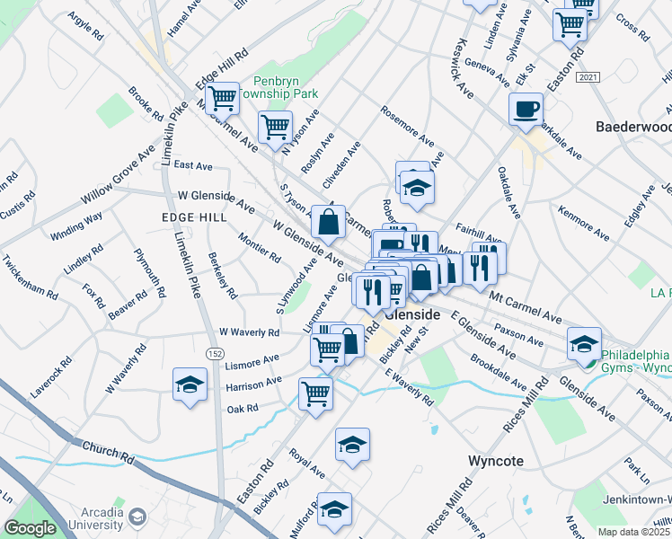 map of restaurants, bars, coffee shops, grocery stores, and more near 115 Lismore Avenue in Glenside