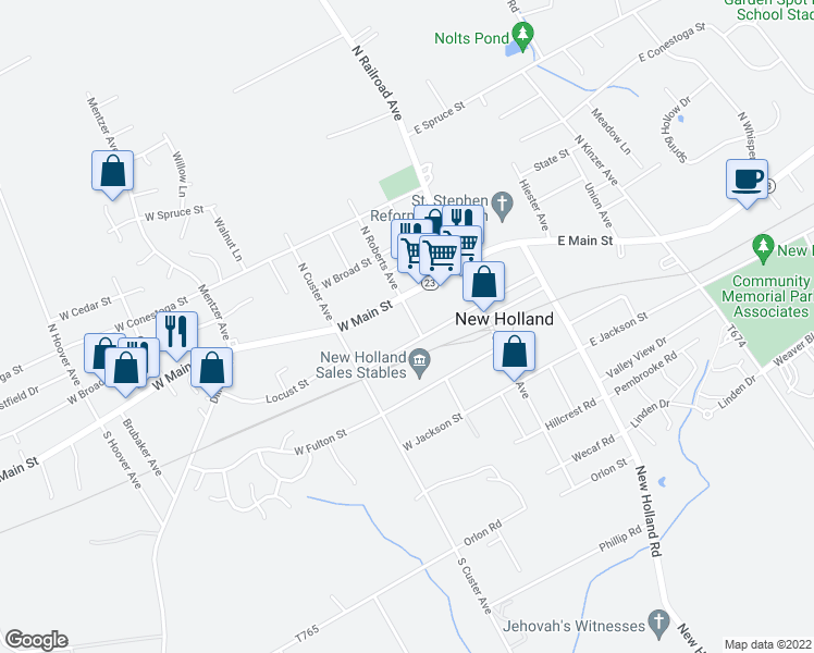 map of restaurants, bars, coffee shops, grocery stores, and more near 26 South Roberts Avenue in New Holland
