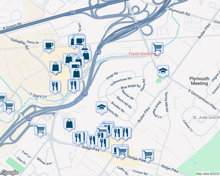 map of restaurants, bars, coffee shops, grocery stores, and more near 207 Yellowstone Road in Plymouth Meeting