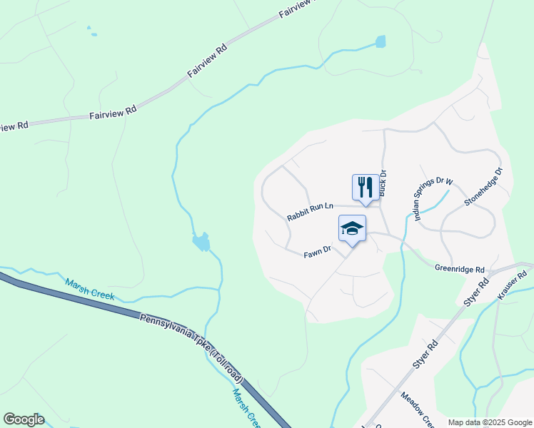 map of restaurants, bars, coffee shops, grocery stores, and more near 25 Rabbit Run Lane in Glenmoore