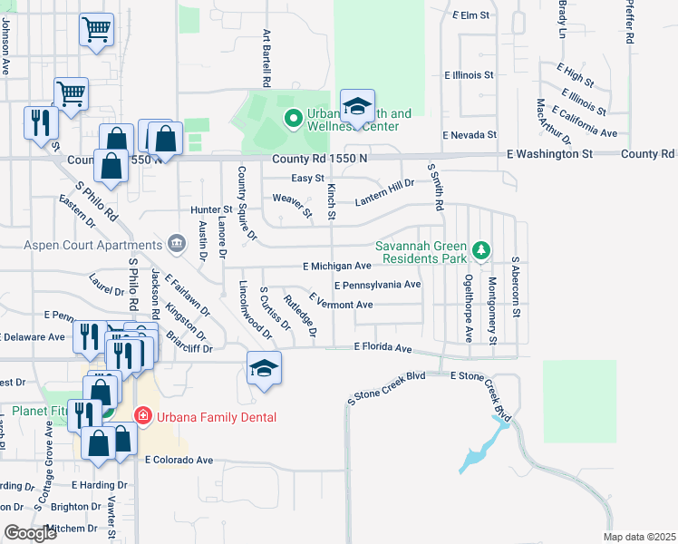 map of restaurants, bars, coffee shops, grocery stores, and more near 2105 East Pennsylvania Avenue in Urbana