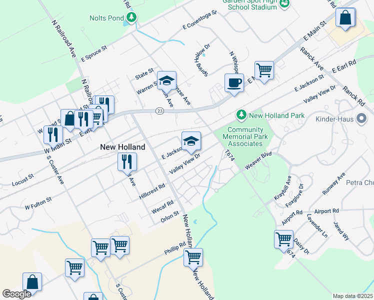 map of restaurants, bars, coffee shops, grocery stores, and more near 356 East Jackson Street in New Holland