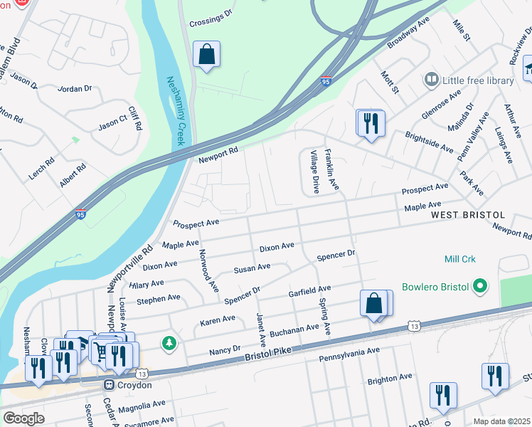 map of restaurants, bars, coffee shops, grocery stores, and more near 1726 Prospect Avenue in Croydon