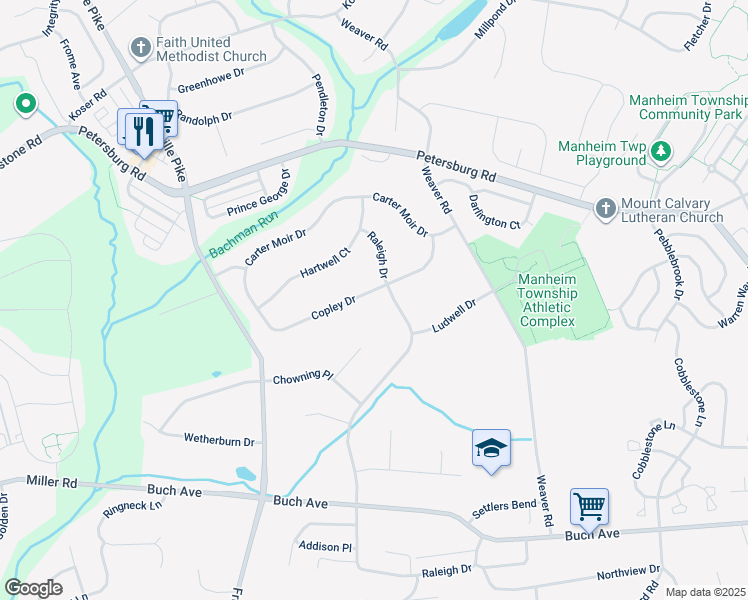 map of restaurants, bars, coffee shops, grocery stores, and more near 340 Copley Drive in Lancaster