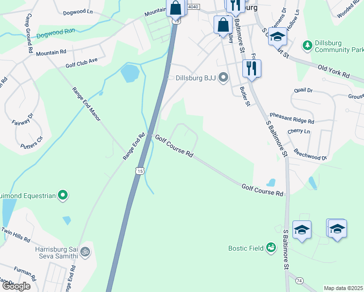 map of restaurants, bars, coffee shops, grocery stores, and more near 70 Golf Course Road in Dillsburg