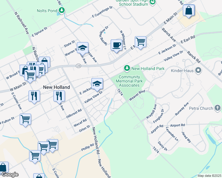 map of restaurants, bars, coffee shops, grocery stores, and more near 390 Valley View Dr in New Holland