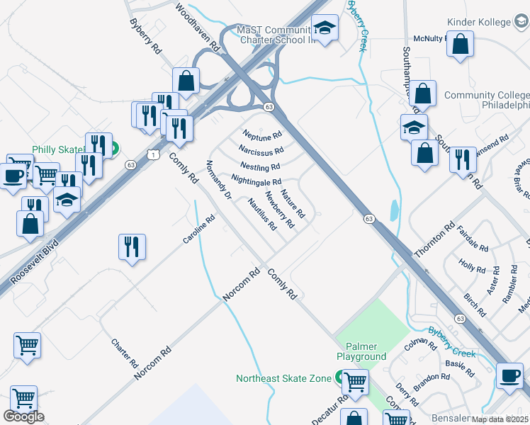 map of restaurants, bars, coffee shops, grocery stores, and more near 2859 Nautilus Road in Philadelphia