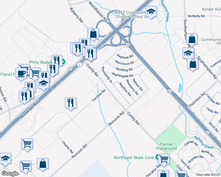 map of restaurants, bars, coffee shops, grocery stores, and more near 2845 Comly Road in Philadelphia